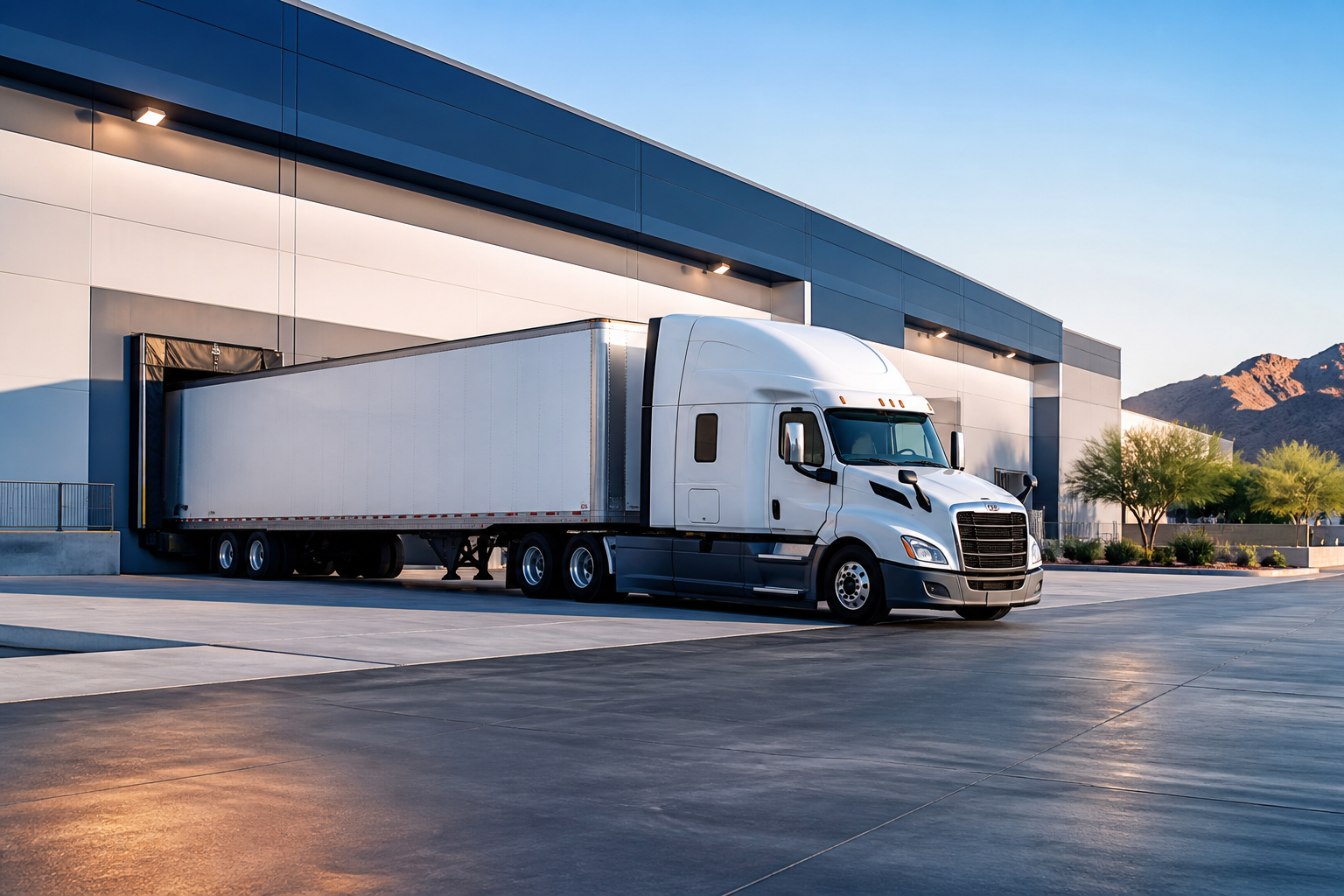 Semi truck at a modern distribution facility
